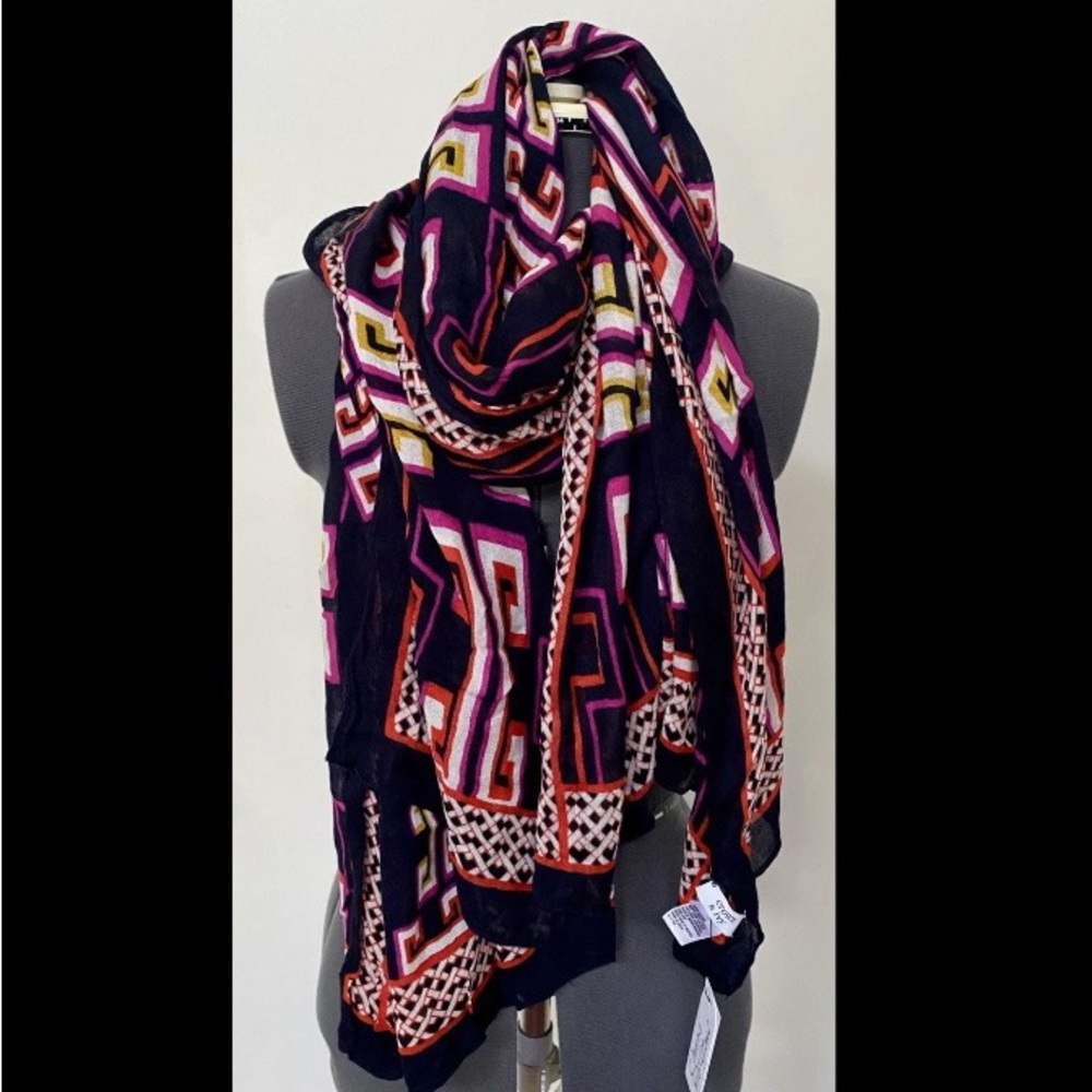 NEW CROWN & IVY LARGE GEOMETRIC GAUZY SCARF RECTANGULAR NAVY BLUE RED PURPLE NWT